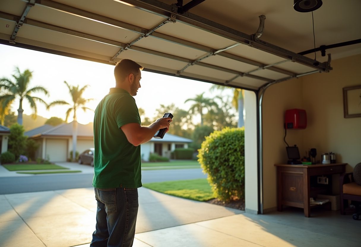 Technician adjusting a belt-drive garage opener — St Lucia